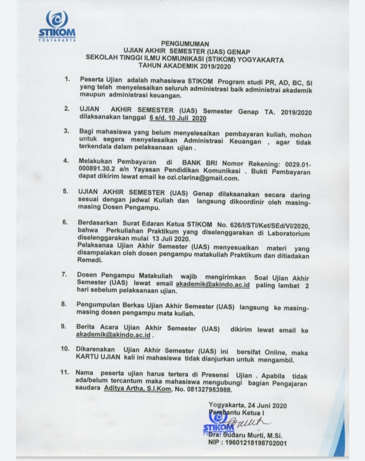 PENGUMUMAN UAS GENAP STIKOM YOGYAKARTA 2019/2020