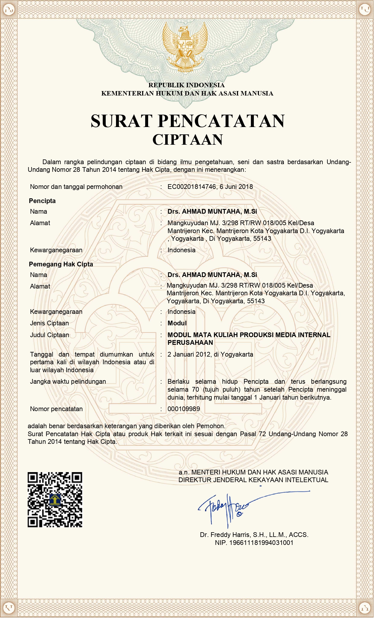 Publikasi: Sertifikat HKI: Modul Mata Kuliah Produksi Media Internal Perusahaan